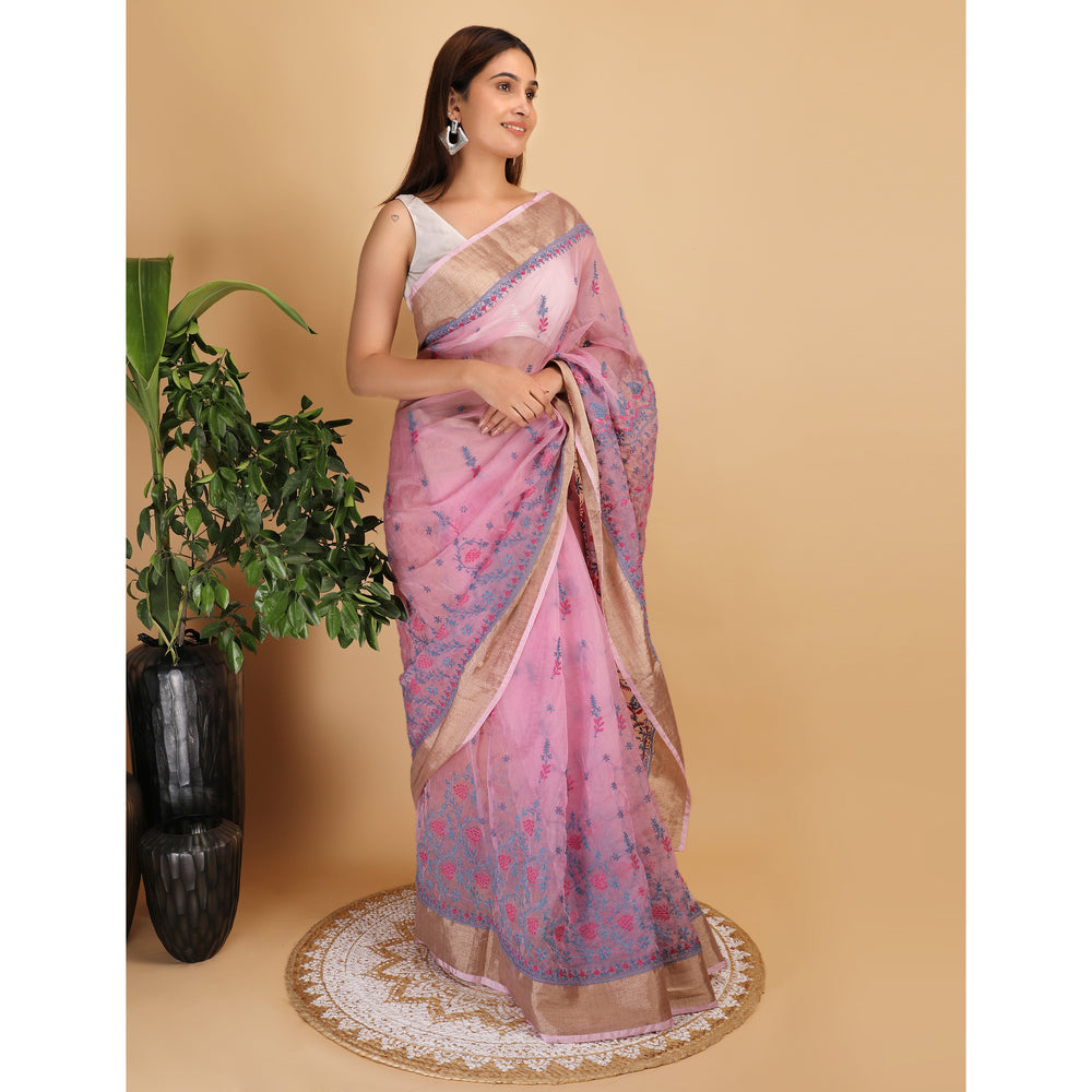 Shwet Magenta And Blue Organza Chikankari Saree