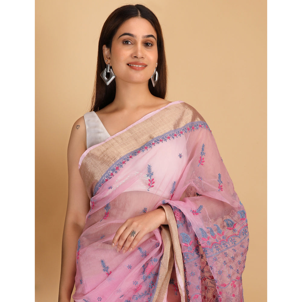 Shwet Magenta And Blue Organza Chikankari Saree