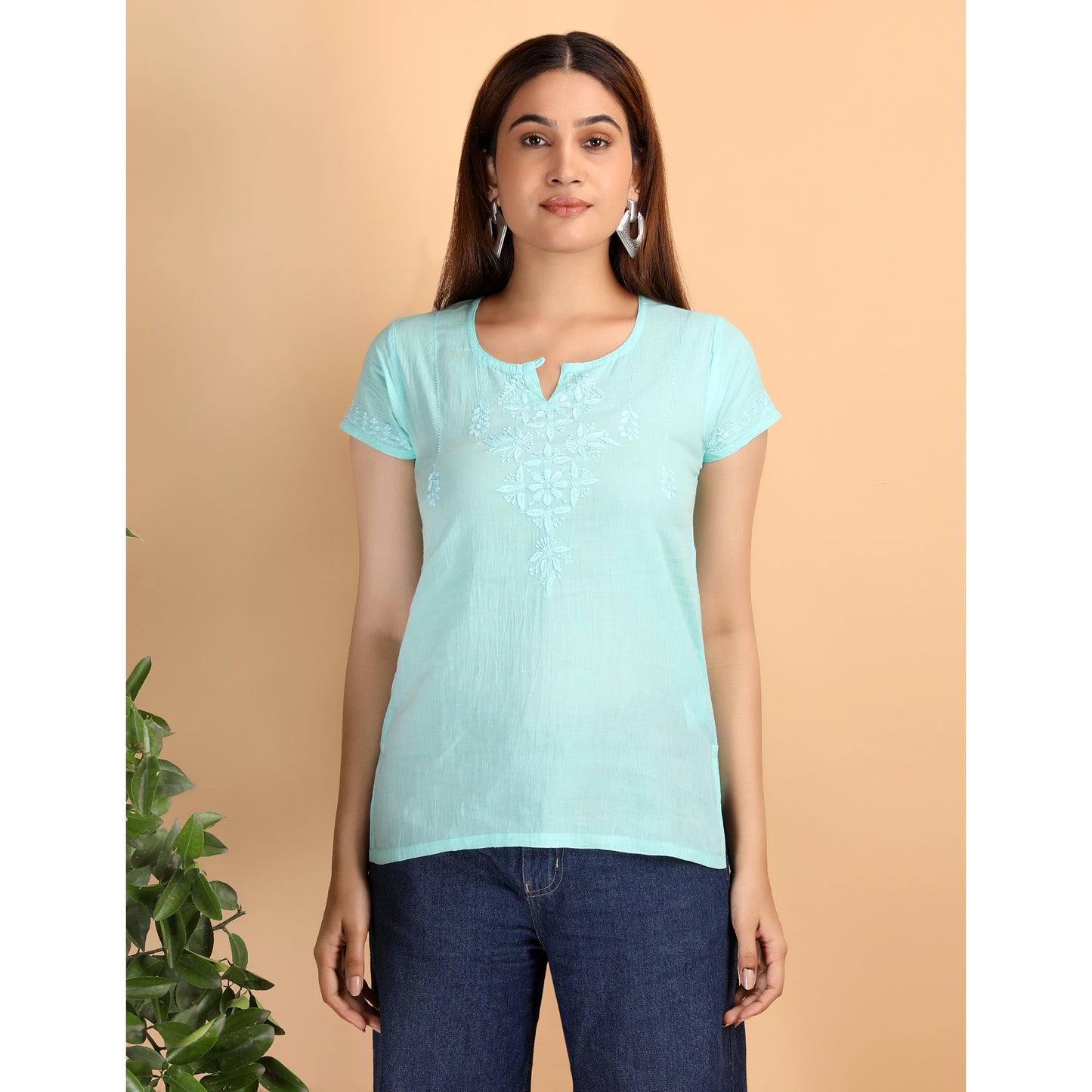 Blue - Shwet Women Sea Green Chikankari Cotton Short Top