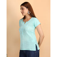 Blue - Shwet Women Sea Green Chikankari Cotton Short Top