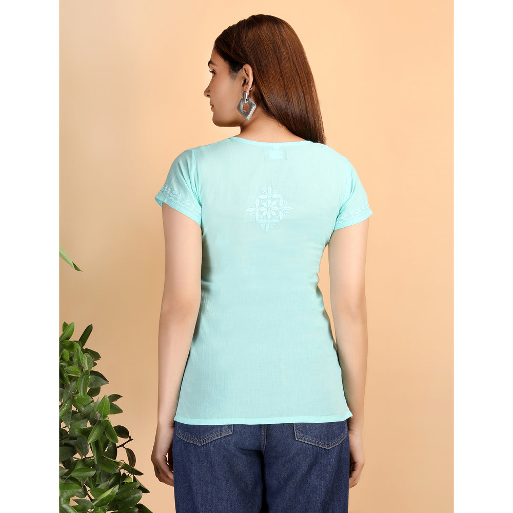 Blue - Shwet Women Sea Green Chikankari Cotton Short Top