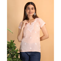 Shwet Women Peach Chikankari Cotton Short Top