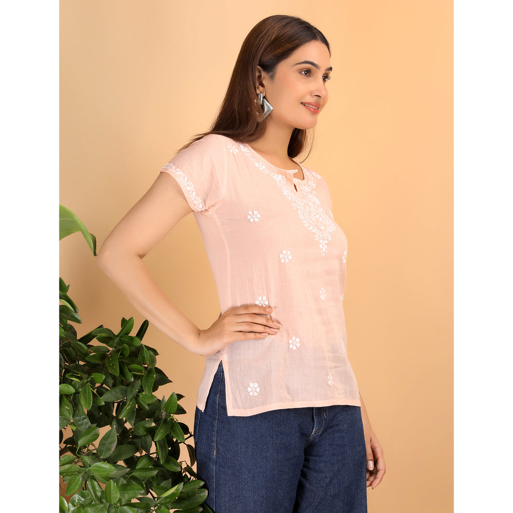 Shwet Women Peach Chikankari Cotton Short Top