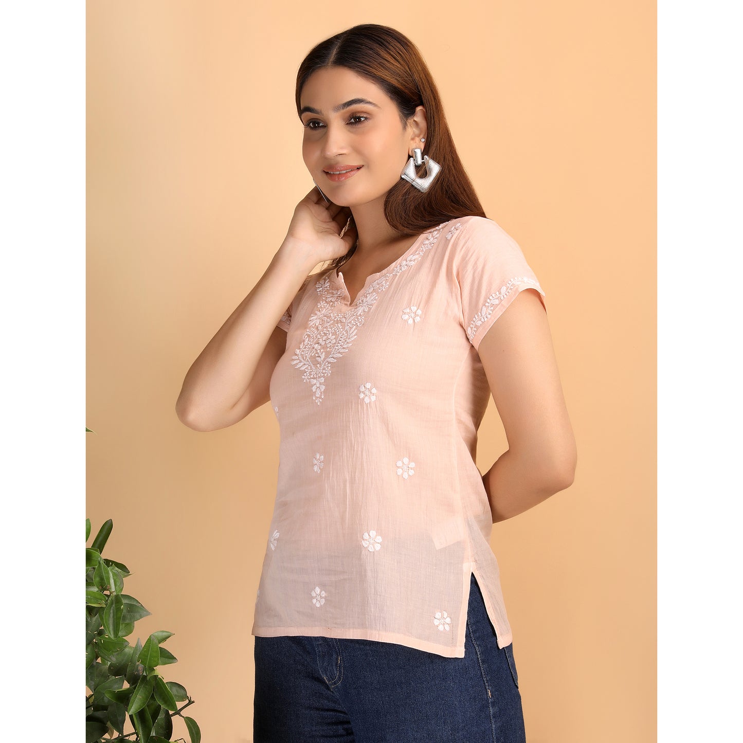 Shwet Women Peach Chikankari Cotton Short Top