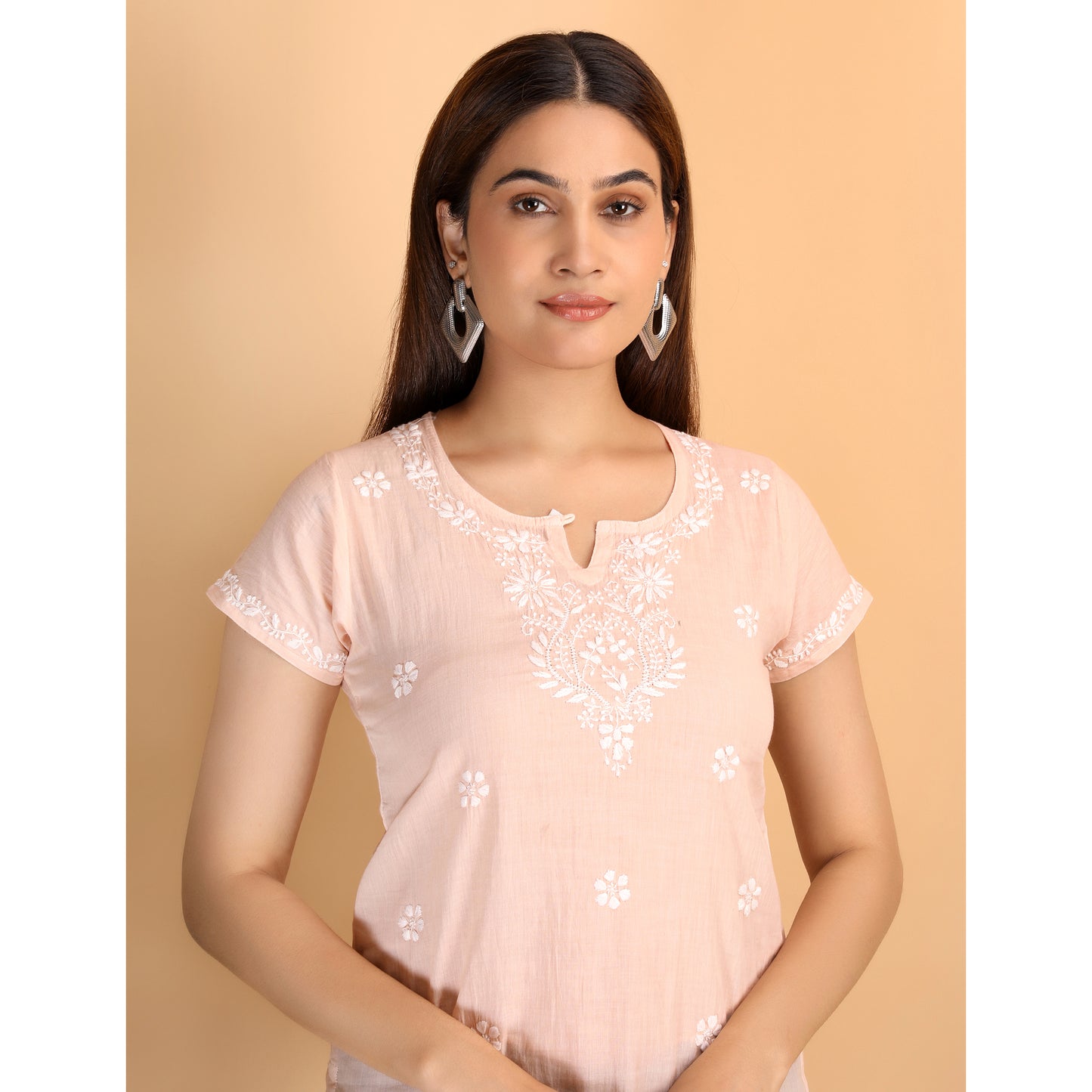 Shwet Women Peach Chikankari Cotton Short Top