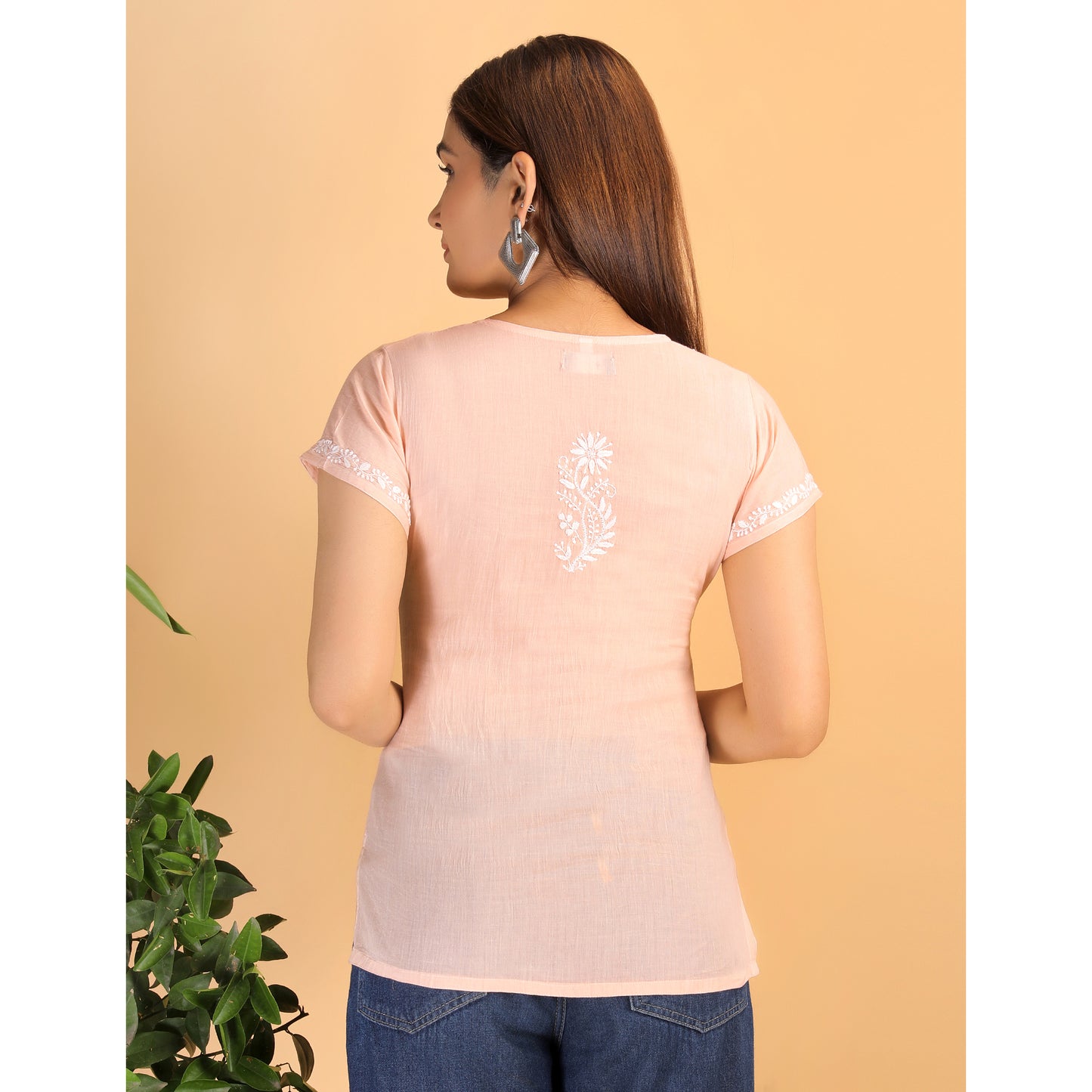 Shwet Women Peach Chikankari Cotton Short Top