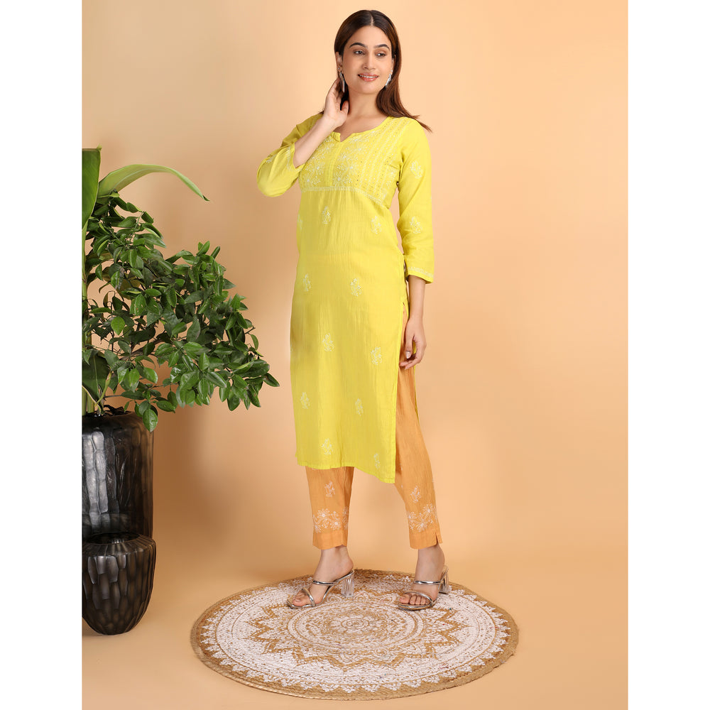 Shwet Women Parrot Green Chikankari Kurta Pants