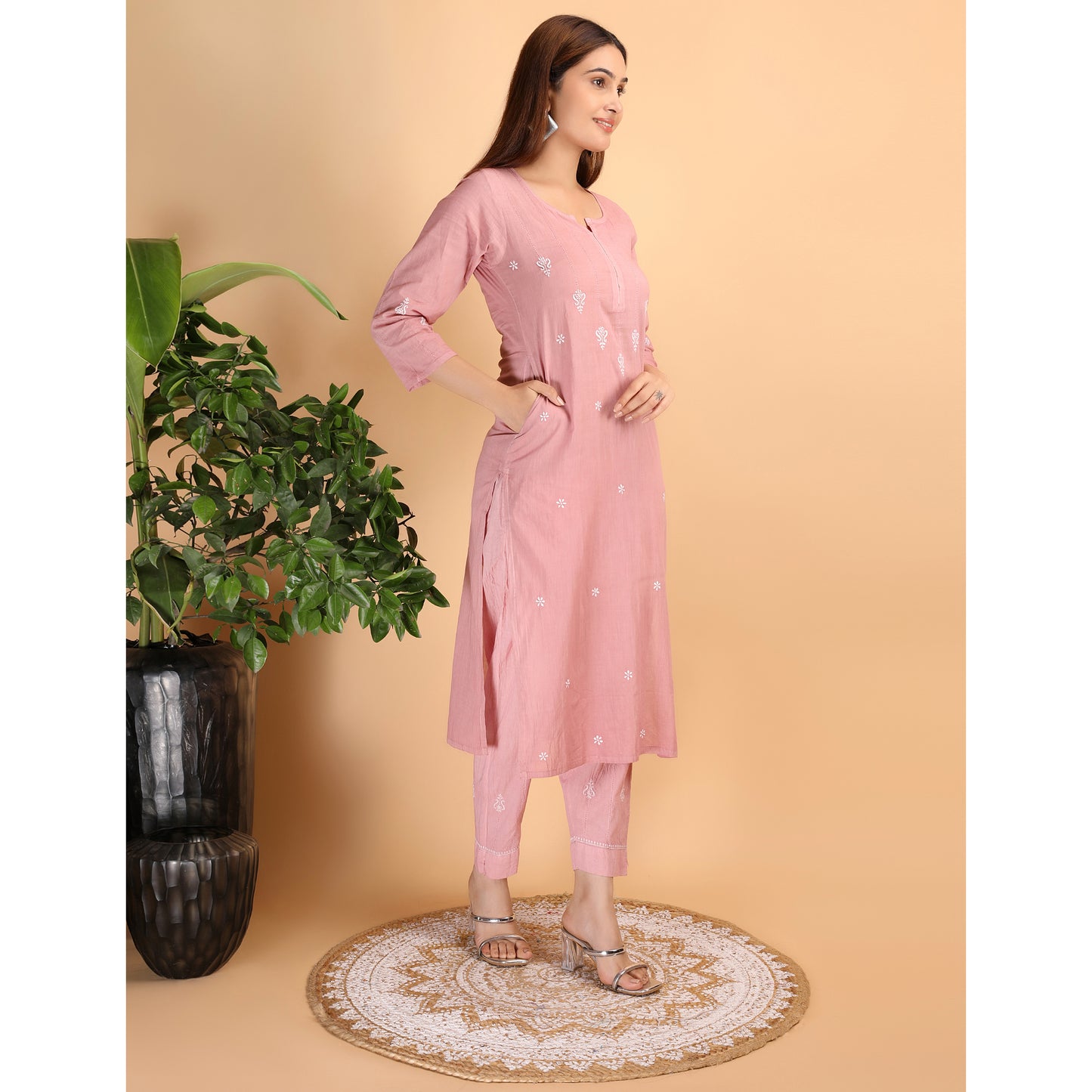 Shwet Women Peach Chikankari Kurta Pants