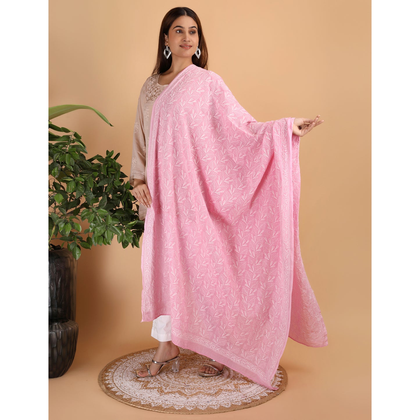 Shwet Pestal Hues Pink Chikankari Cotton Dupatta