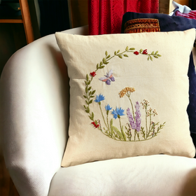 Embroidered Hedgerow Beige Cushion Cover (18x18)