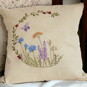 Embroidered Hedgerow Beige Cushion Cover (18x18)
