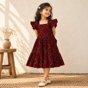 Pure Cotton Girls Tiered Frock Dress in Ajrakh Block Print (3-4 Years) 41
