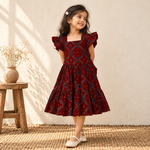 Pure Cotton Girls Tiered Frock Dress in Ajrakh Block Print (3-4 Years) 41