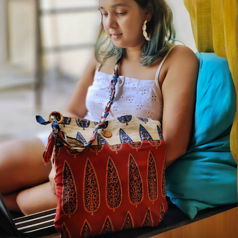 Red - Handmade Maroon & Off-White Hand Block Printed Braided Ethnic Sling Bags