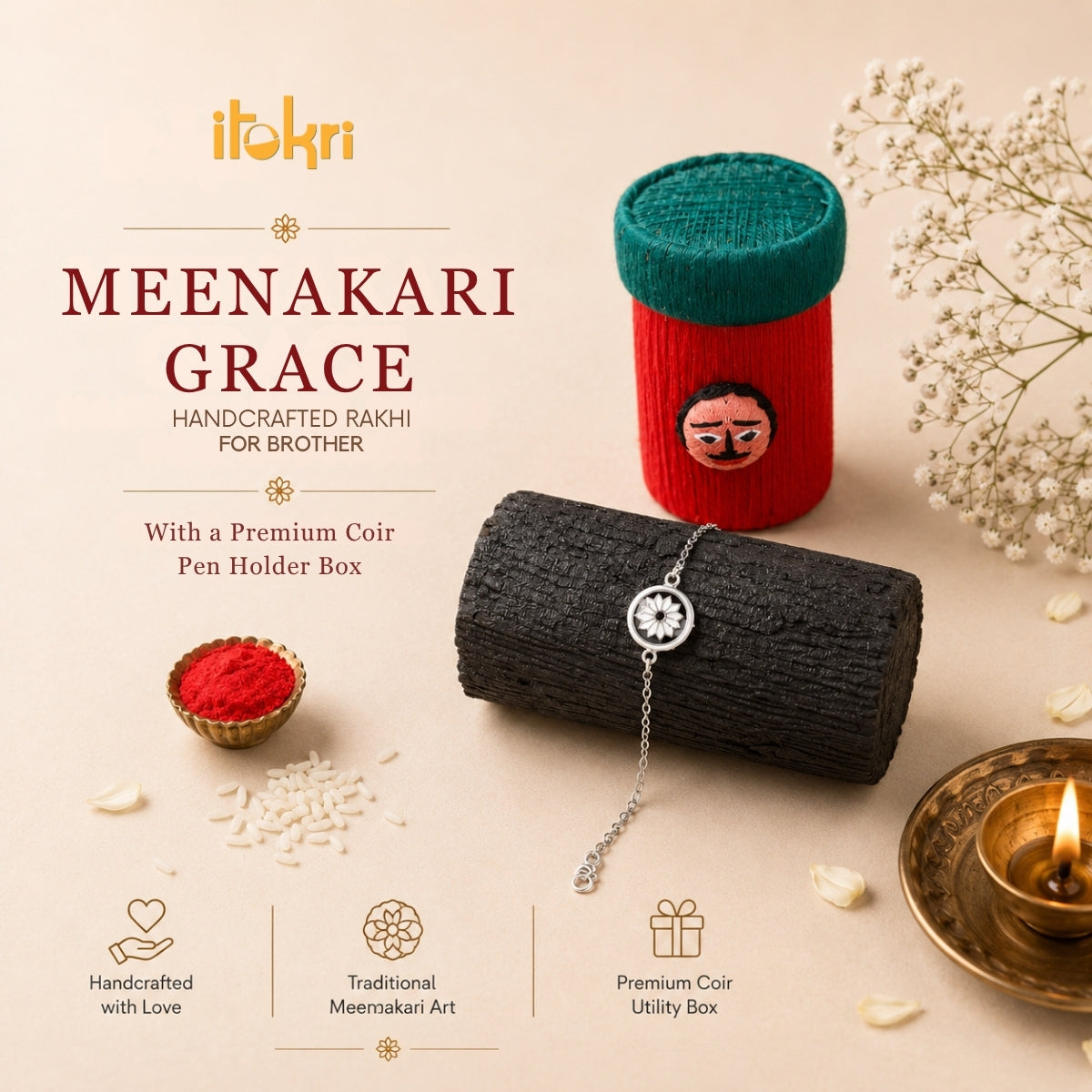 Handcrafted Meenakari Rakhi for Brother with Coir Box 33
