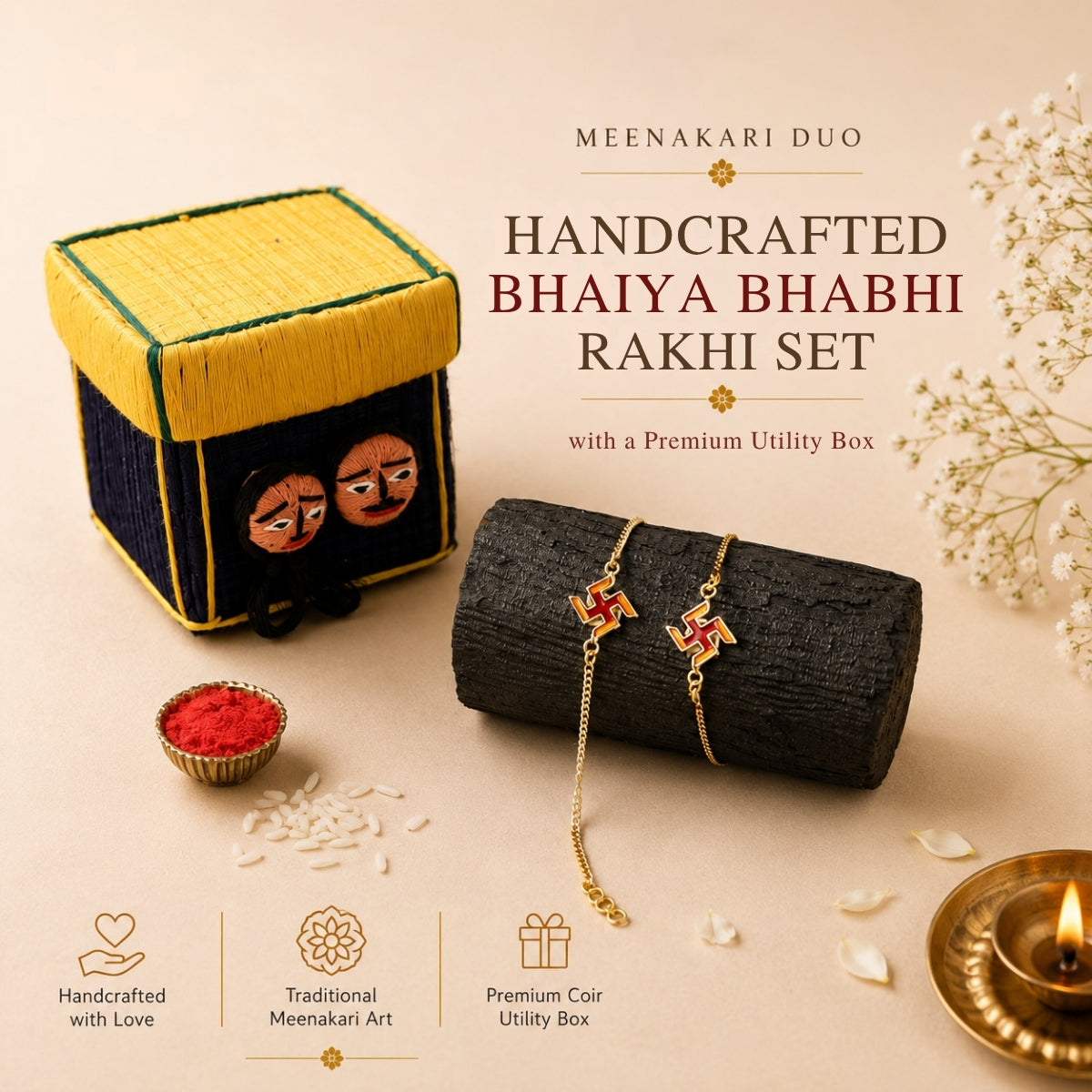 Handcrafted Meenakari Bhaiya Bhabhi Rakhi Set with Coir Box 111