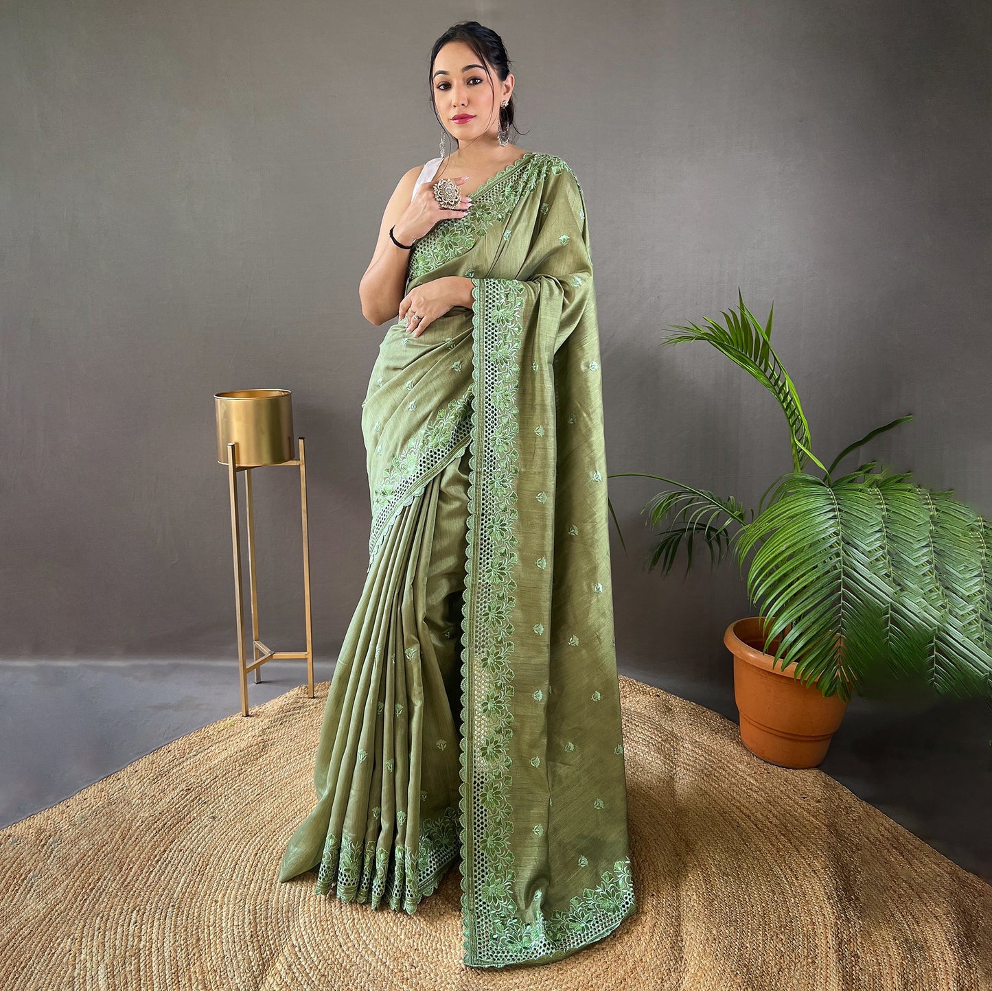 Amaira Mehendi Matka Silk Handwork Saree