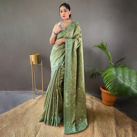 Amaira Mehendi Matka Silk Handwork Saree