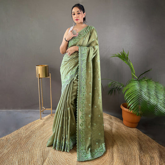 Amaira Mehendi Matka Silk Handwork Saree