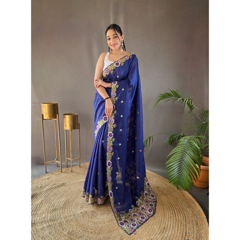 Narmada Navy Tussar Silk Handwork Saree