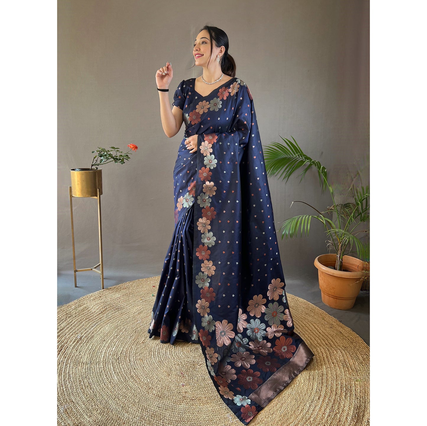 Blue - Siya Navy Soft Silk Handwork Saree