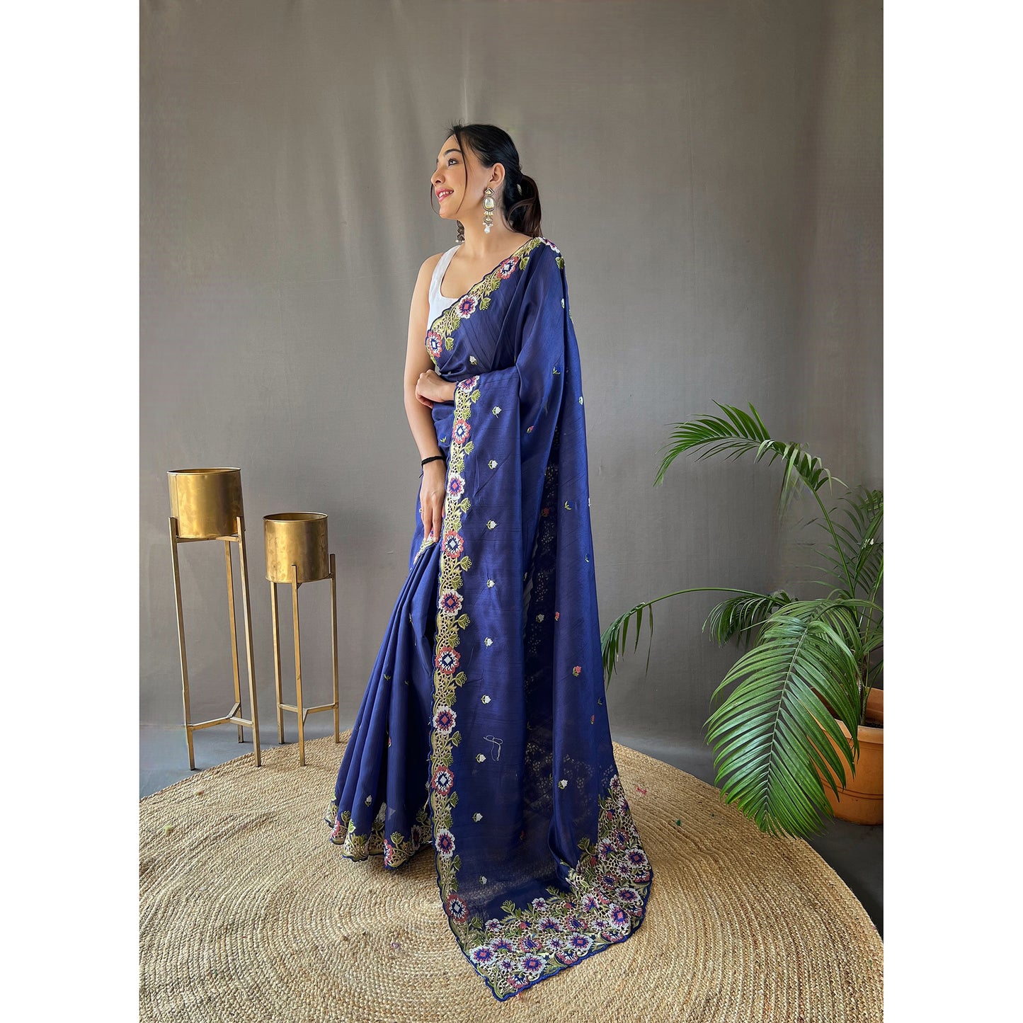 Narmada Navy Tussar Silk Handwork Saree