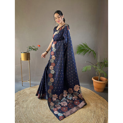 Blue - Siya Navy Soft Silk Handwork Saree