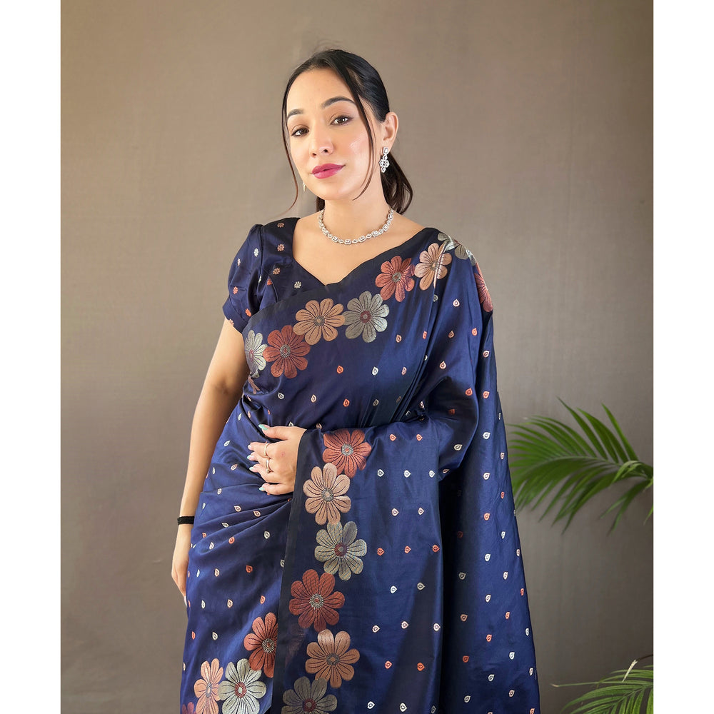 Blue - Siya Navy Soft Silk Handwork Saree