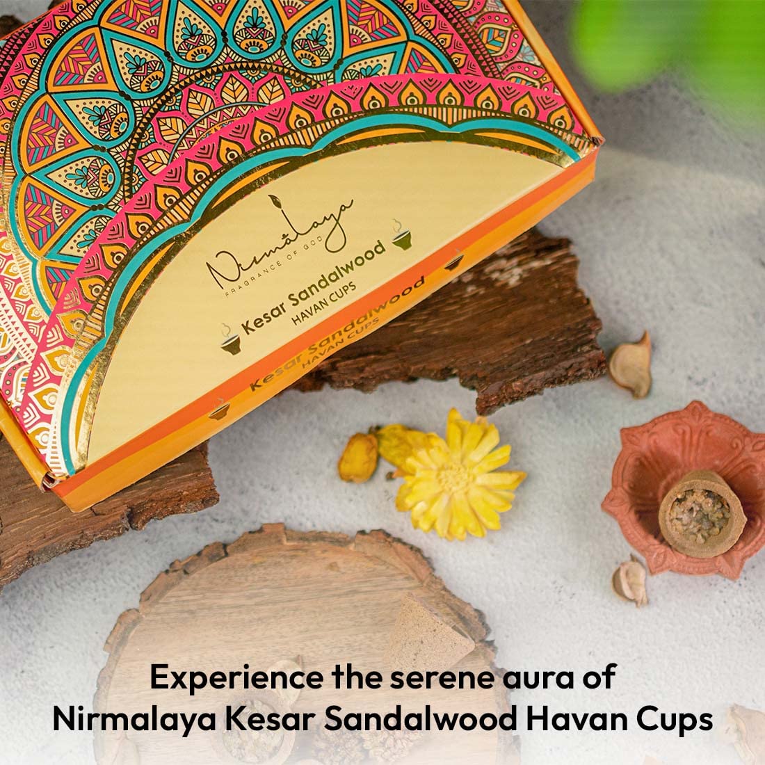 Nirmalaya Organic Kesar Sandalwood Havan Cups 15 Cups with a Diya