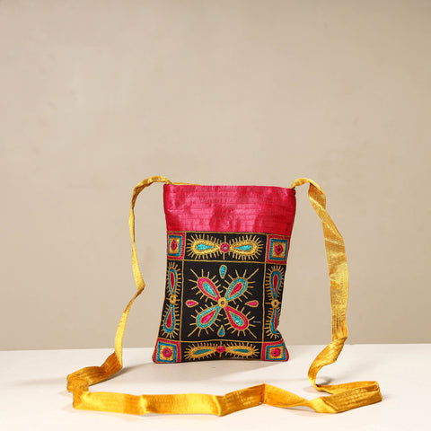 Black Kutch Ahir Embroidery Mashru Silk Sling Bag