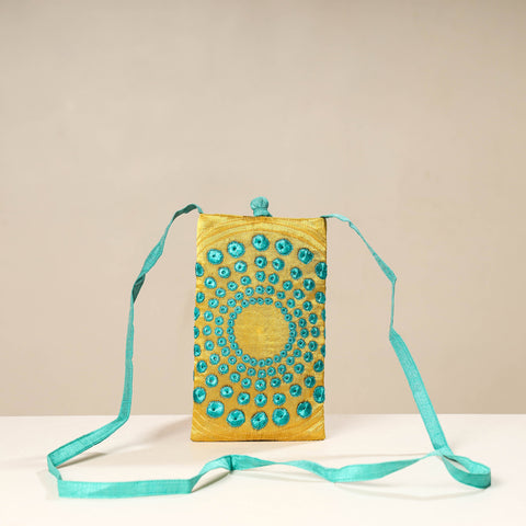 Yellow Kutch Tappo Embroidery Mashru Silk Mobile Sling Bag 