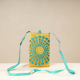 Yellow Kutch Tappo Embroidery Mashru Silk Mobile Sling Bag 