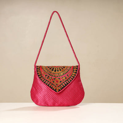 Pink Kutch Ahir Embroidery Mashru Silk Hand Bag