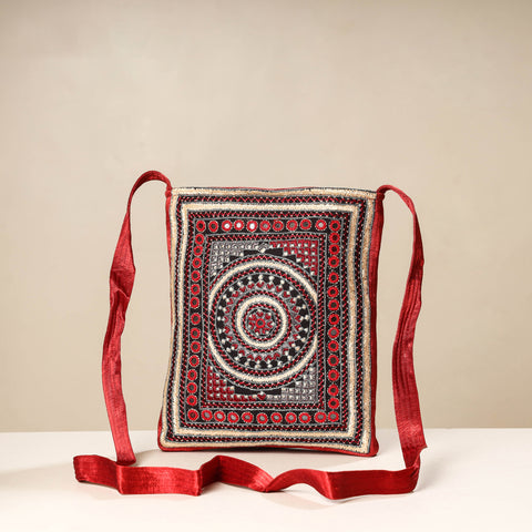Red Kutch Neran Hand Embroidery Mashru Silk Sling Bag