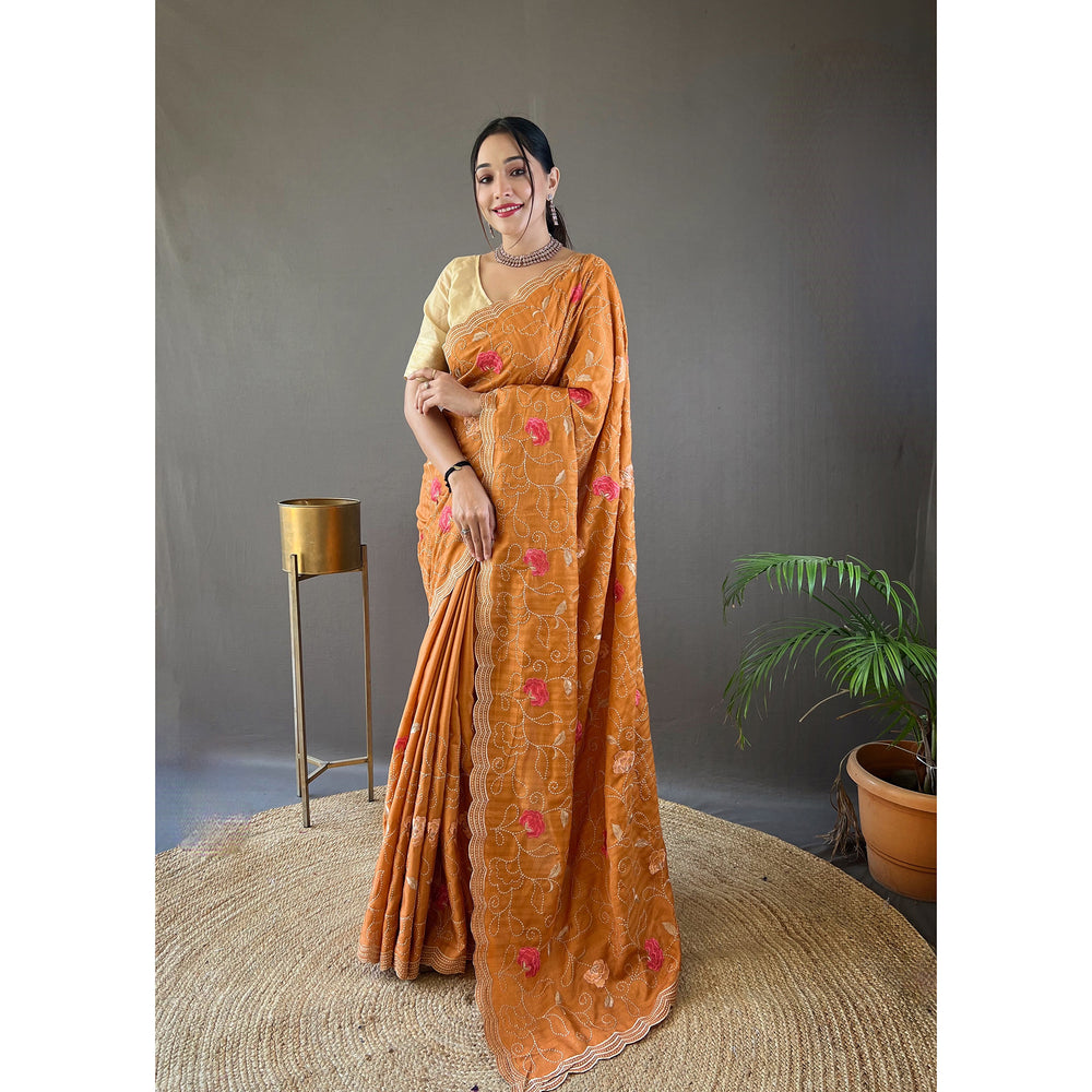 Leela Orange Tussar Silk Handwork Saree