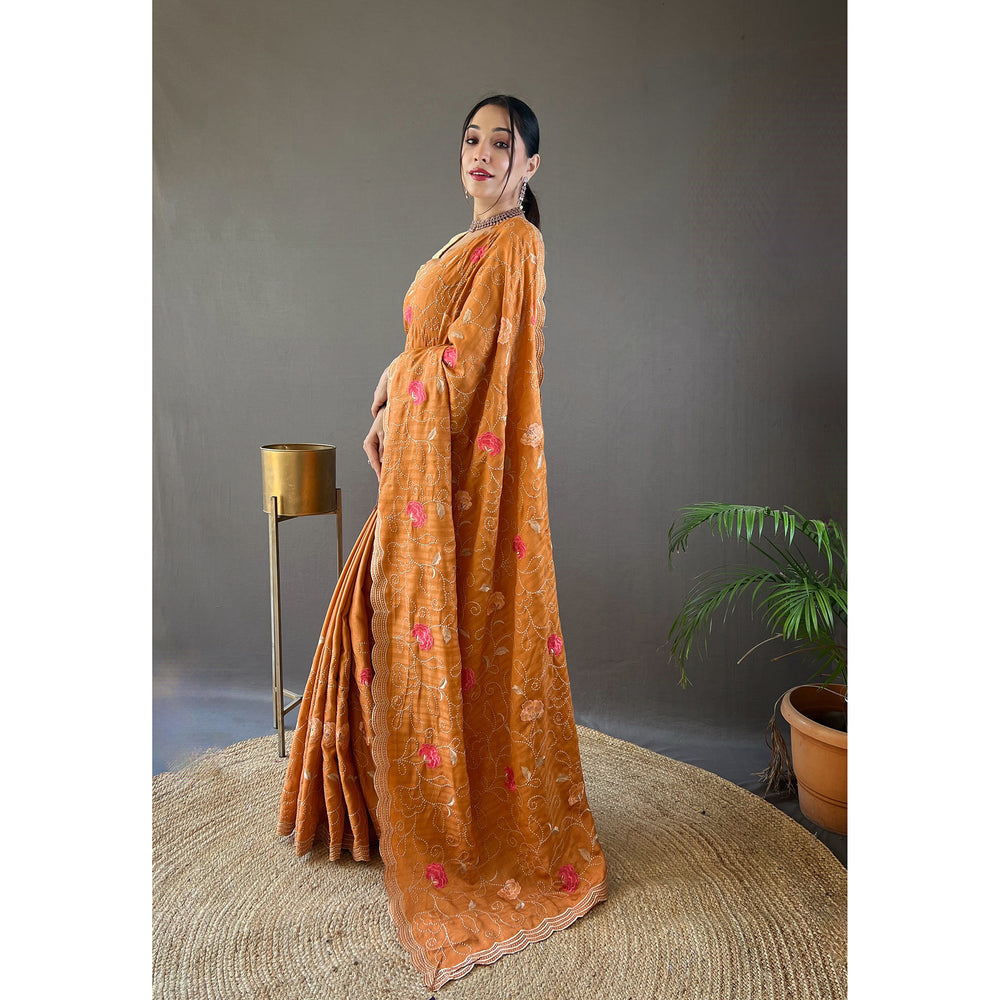 Leela Orange Tussar Silk Handwork Saree