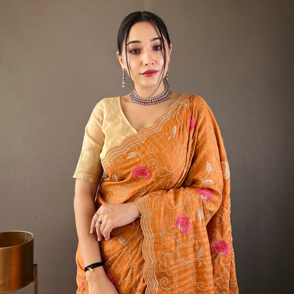 Leela Orange Tussar Silk Handwork Saree