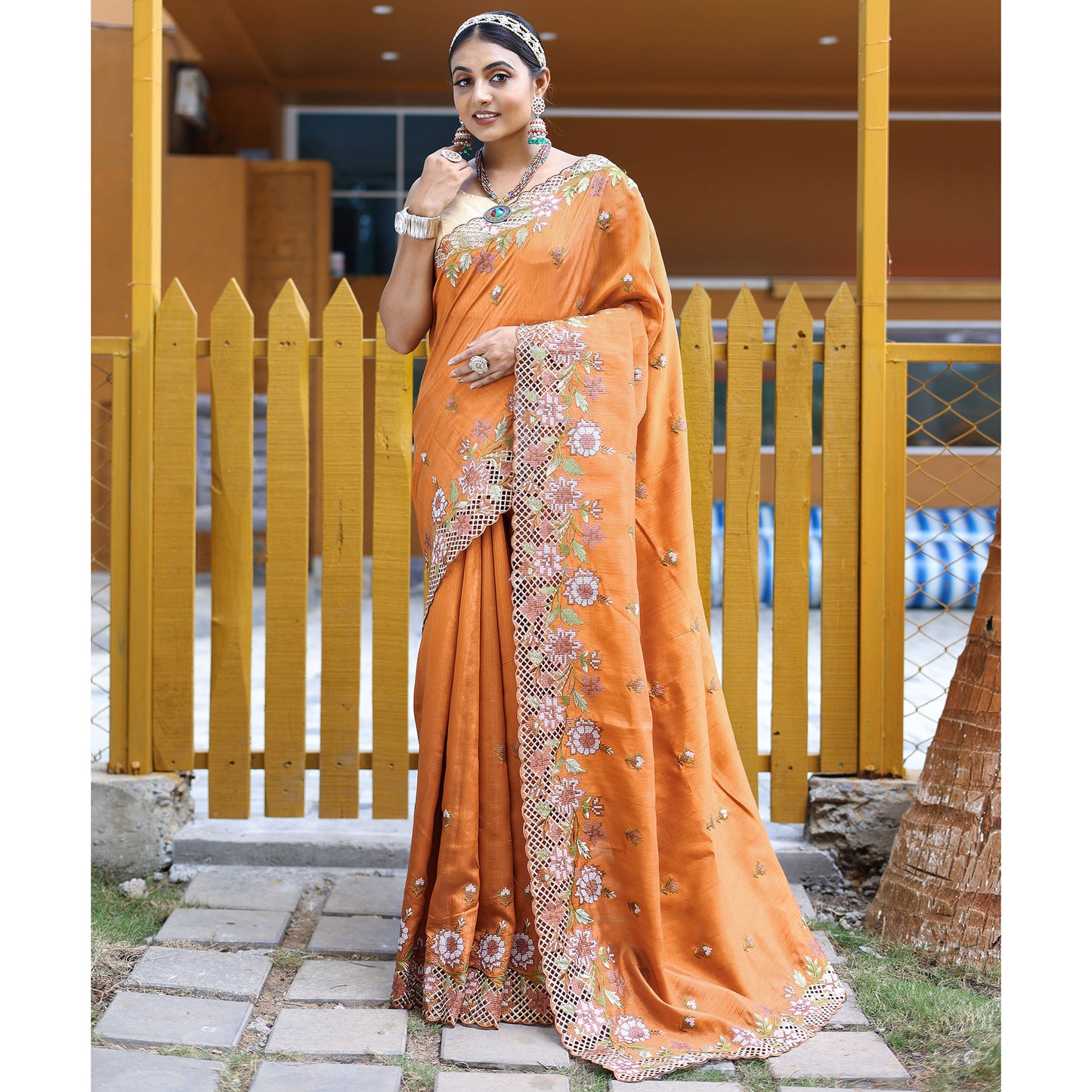 Apeksha Orange Silk Handwork Saree