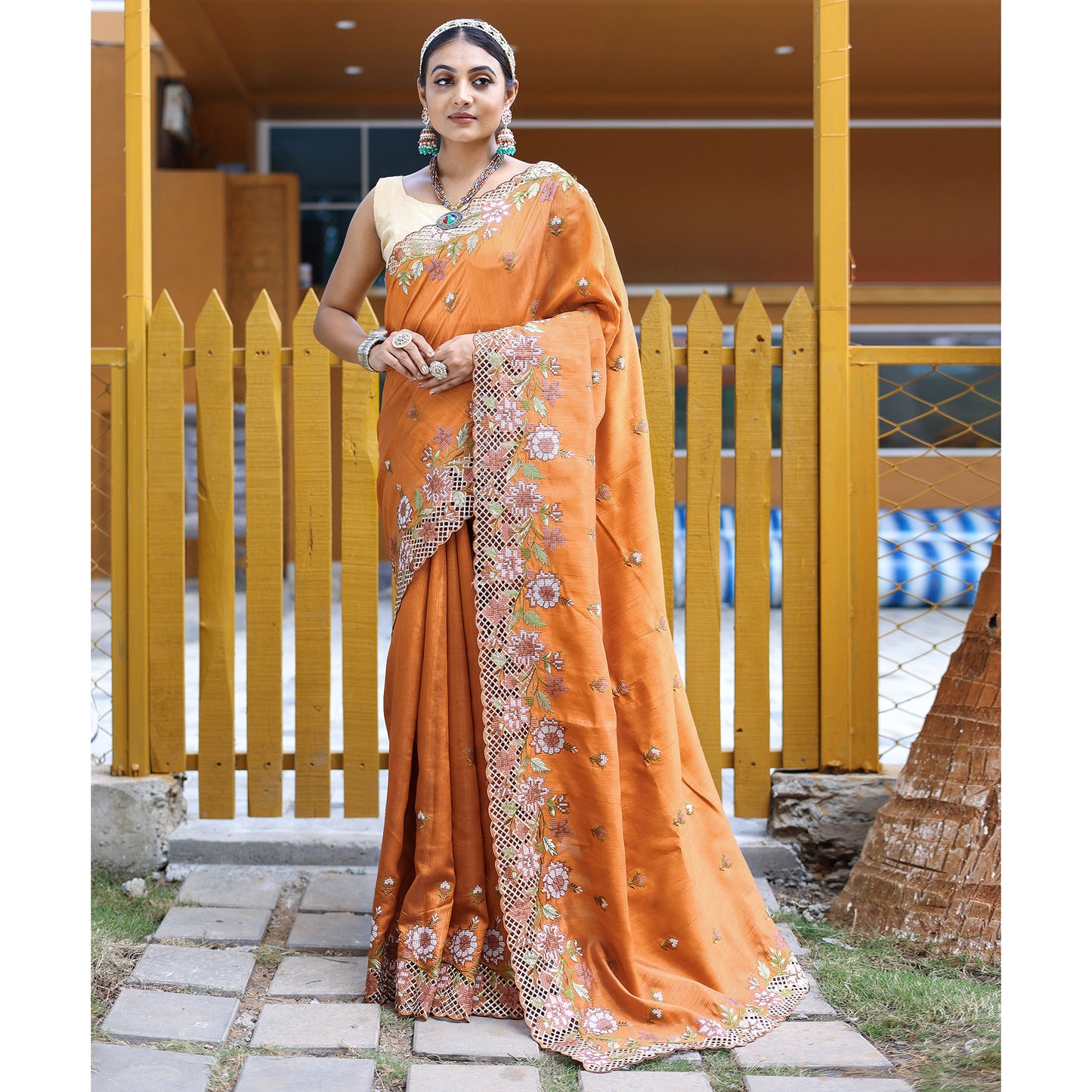 Apeksha Orange Silk Handwork Saree