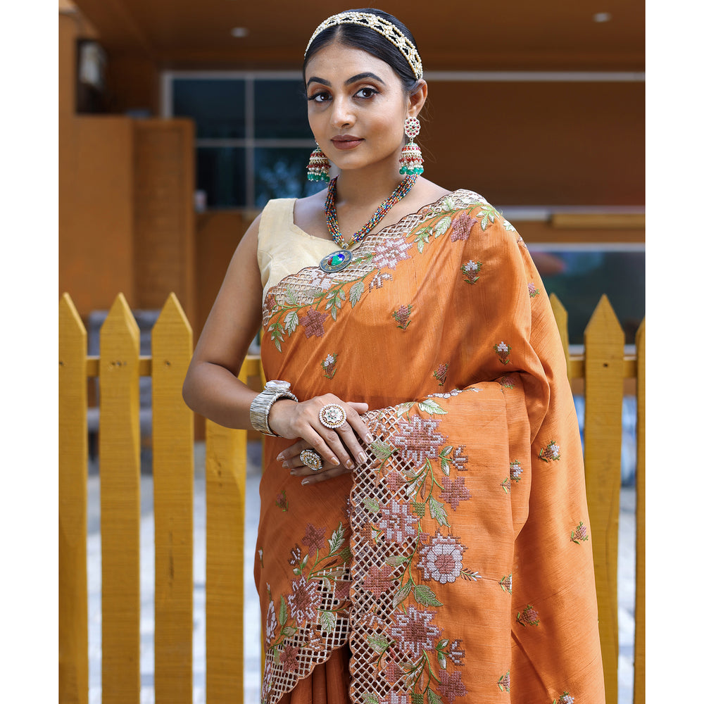 Apeksha Orange Silk Handwork Saree