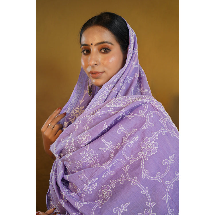 Shwet Pastle Hues Purple Cotton Chikankari Dupatta