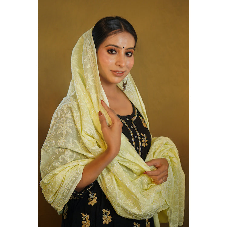 Shwet Pastle Hues Yellow Cotton Chikankari Dupatta