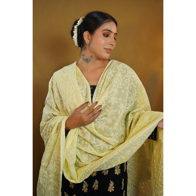 Shwet Pastle Hues Yellow Cotton Chikankari Dupatta