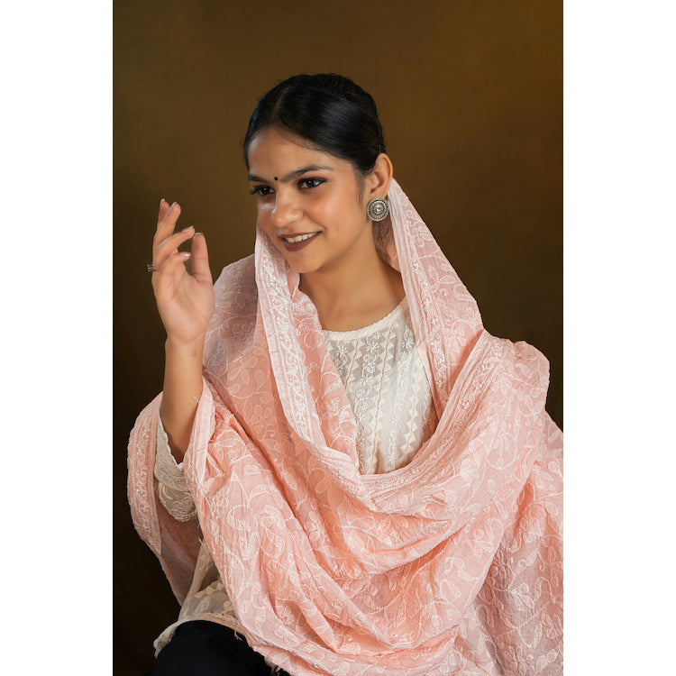 Shwet Pastle Hues Peach Cotton Chikankari Dupatta