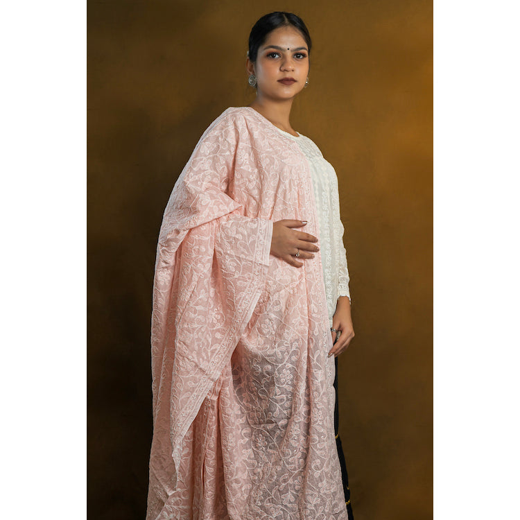 Shwet Pastle Hues Peach Cotton Chikankari Dupatta