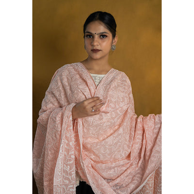 Shwet Pastle Hues Peach Cotton Chikankari Dupatta