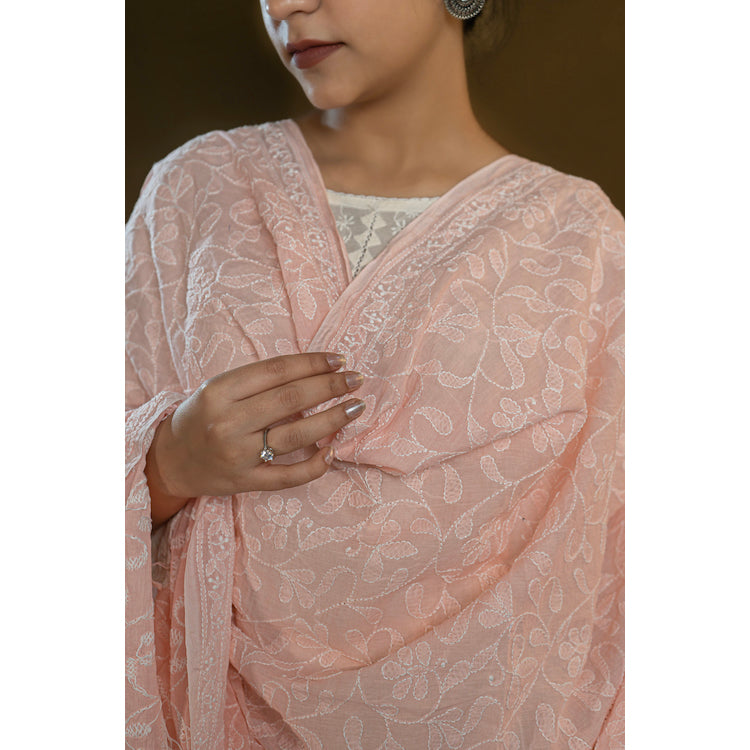 Shwet Pastle Hues Peach Cotton Chikankari Dupatta