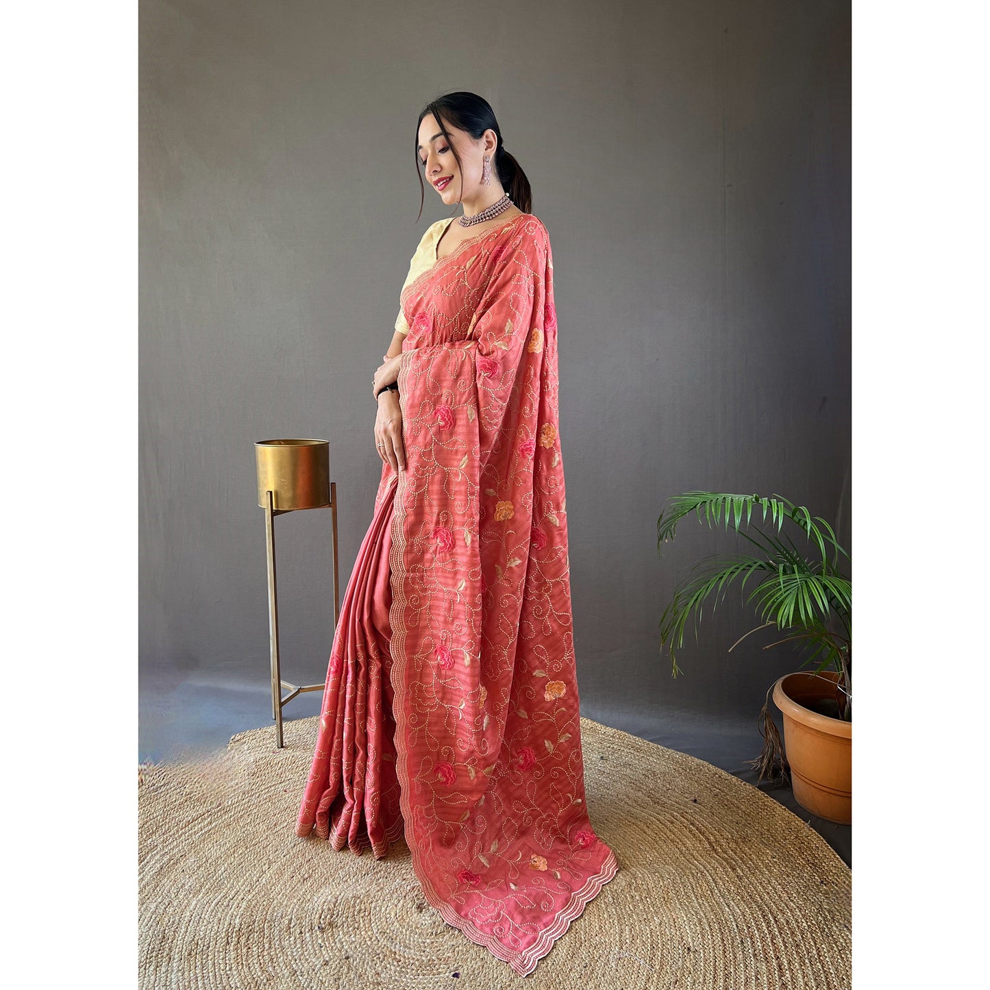 Leela Pink Tussar Silk Handwork Saree