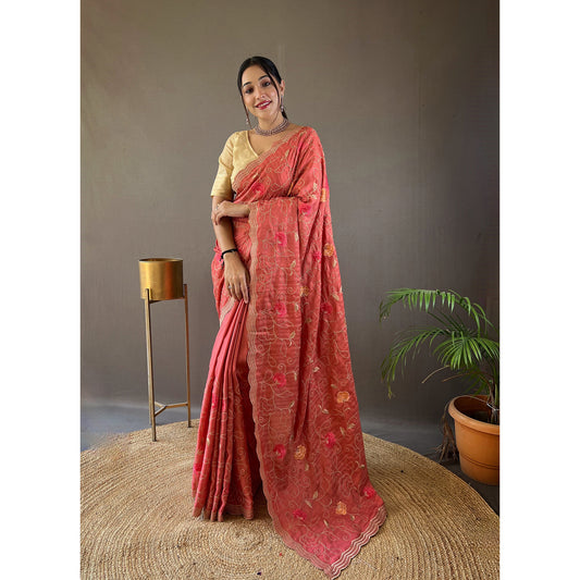 Leela Pink Tussar Silk Handwork Saree