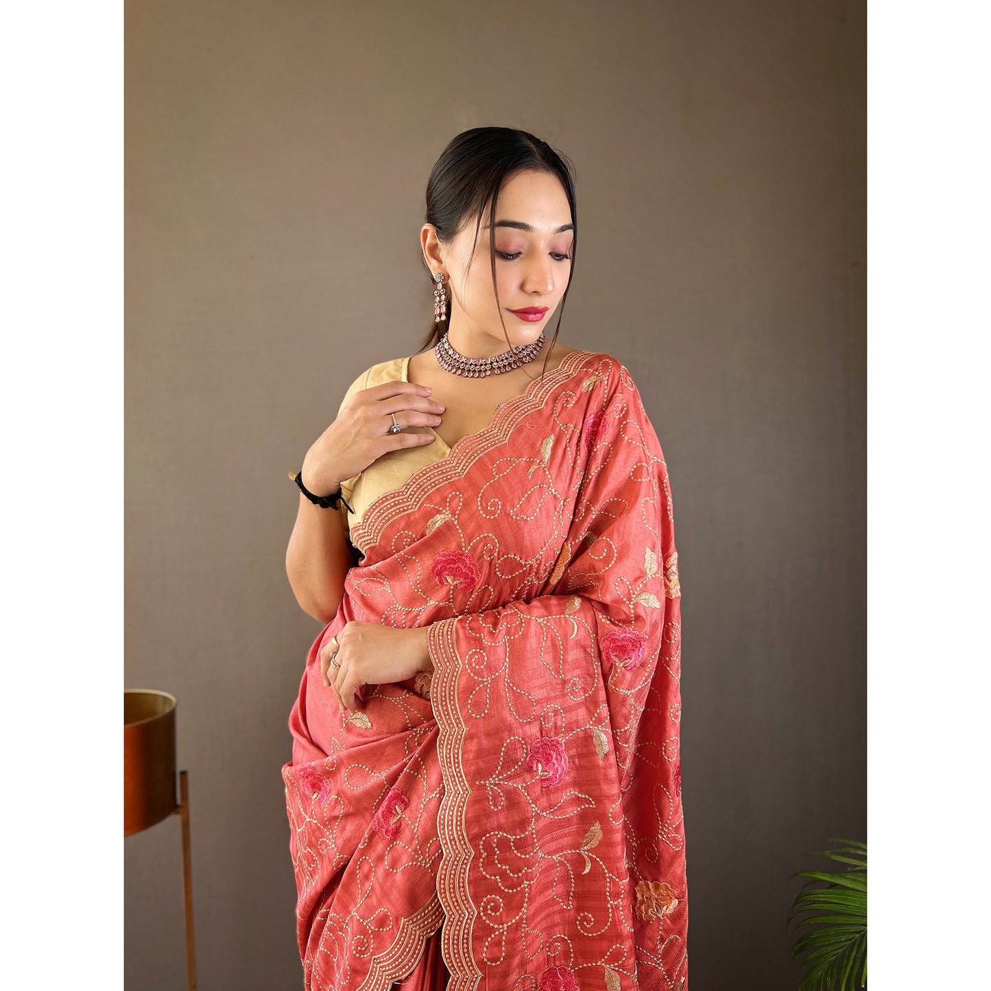 Leela Pink Tussar Silk Handwork Saree